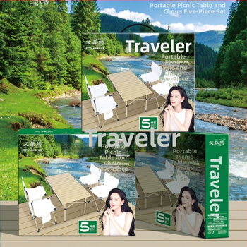 Effie Bear vonkajší skladací set stola a stoličiek na kempovanie, päť dielov, z uhlíkovej ocele, prenosný