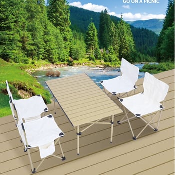 Effie Bear kültéri összecsukható asztal és székek készlet kempingezéshez, öt részes, szénacélból, hordozható