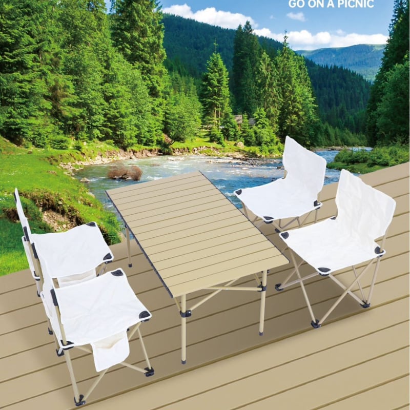 Effie Bear kültéri összecsukható asztal és székek készlet kempingezéshez, öt részes, szénacélból, hordozható