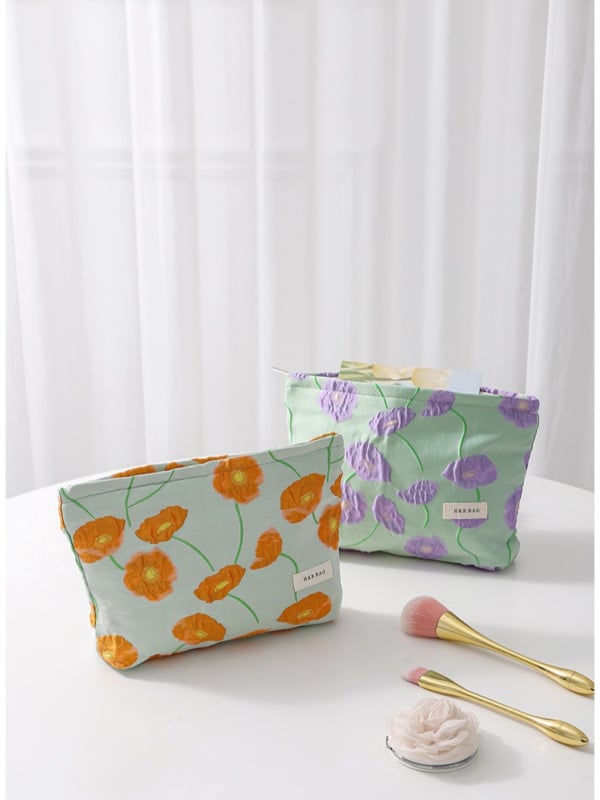 Hongrui Καμβάς τσαντάκι μακιγιάζ για γυναίκες - Μεγάλη χωρητικότητα με φερμουάρ, γεωμετρικό μοτίβο