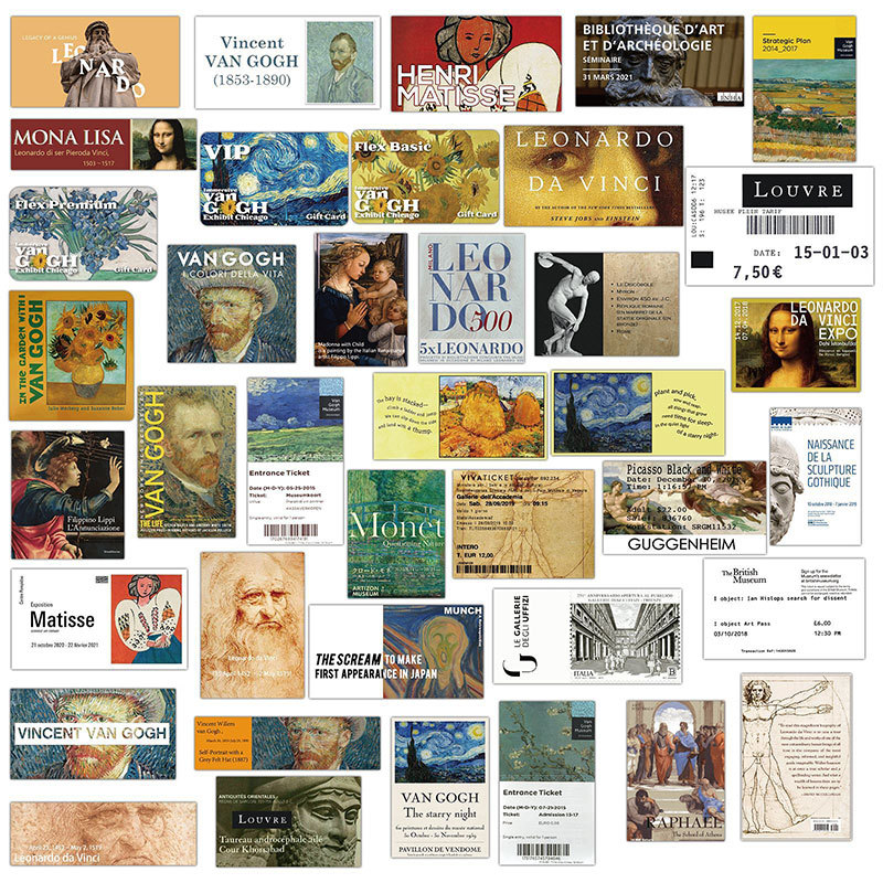 Autocolante cu motive din galeria de artă și bilete la picturi în ulei — retro, imprimare, Lanxihaibao, 50 buc