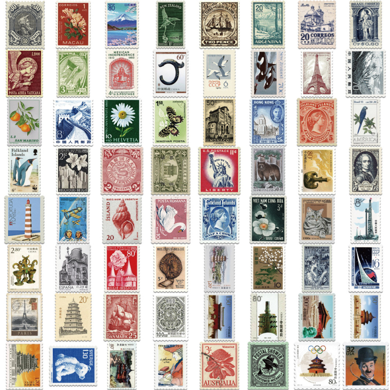 Stickere – set de 64 bucăți, ștampile poștale graffiti, stil retro – decor DIY pentru chitară, bagaj, husă de telefon și căști – tipărite