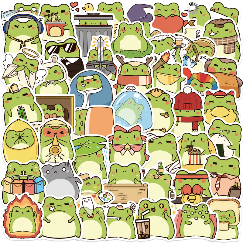 Σετ αυτοκόλλητων: 50 καρτούν βατράχοι graffiti αυτοκόλλητα για κιθάρα, σημειωματάριο και αποσκευή; μάρκα Picking up joy; έτοιμα προς κόλληση; γλυκό στυλ; εκτύπωση