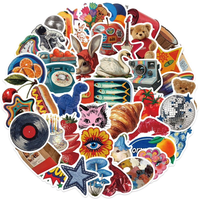 Skup naljepnica: 50 karikatura retro grafiti naljepnica za ukrašavanje gitare, bilježnice i prtljage; vodootporne; otisnute; sladak stil; Marka: Picking up joy.