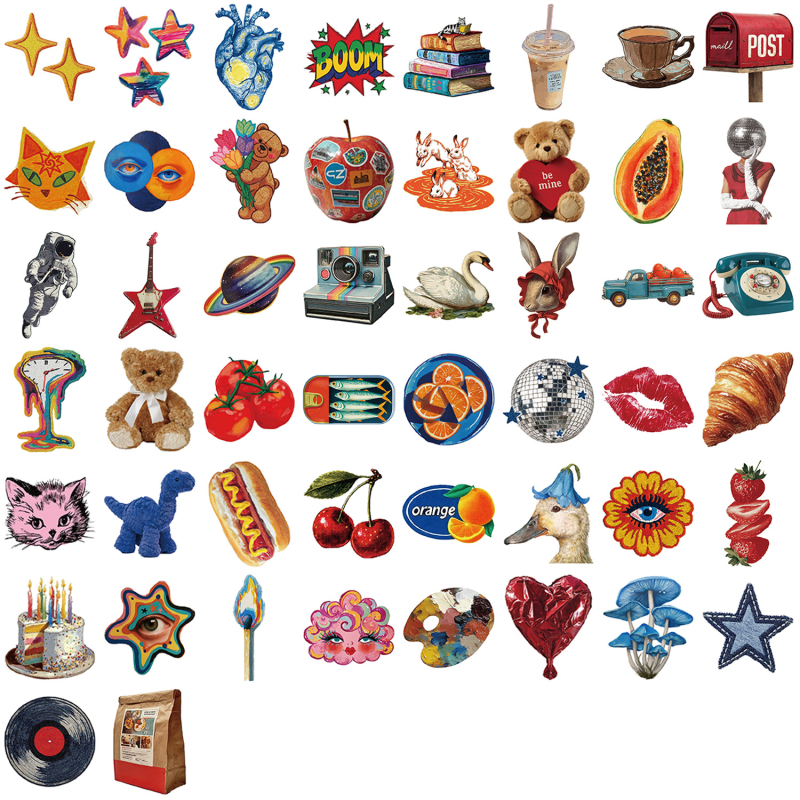 Skup naljepnica: 50 karikatura retro grafiti naljepnica za ukrašavanje gitare, bilježnice i prtljage; vodootporne; otisnute; sladak stil; Marka: Picking up joy.