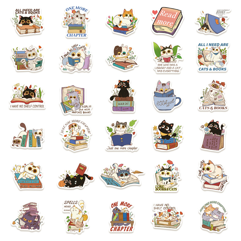 Set od 60 naljepnica s crtanim mačkama i čitanjem – vodootporne DIY naljepnice za gitaru, prijenosno računalo i prtljagu