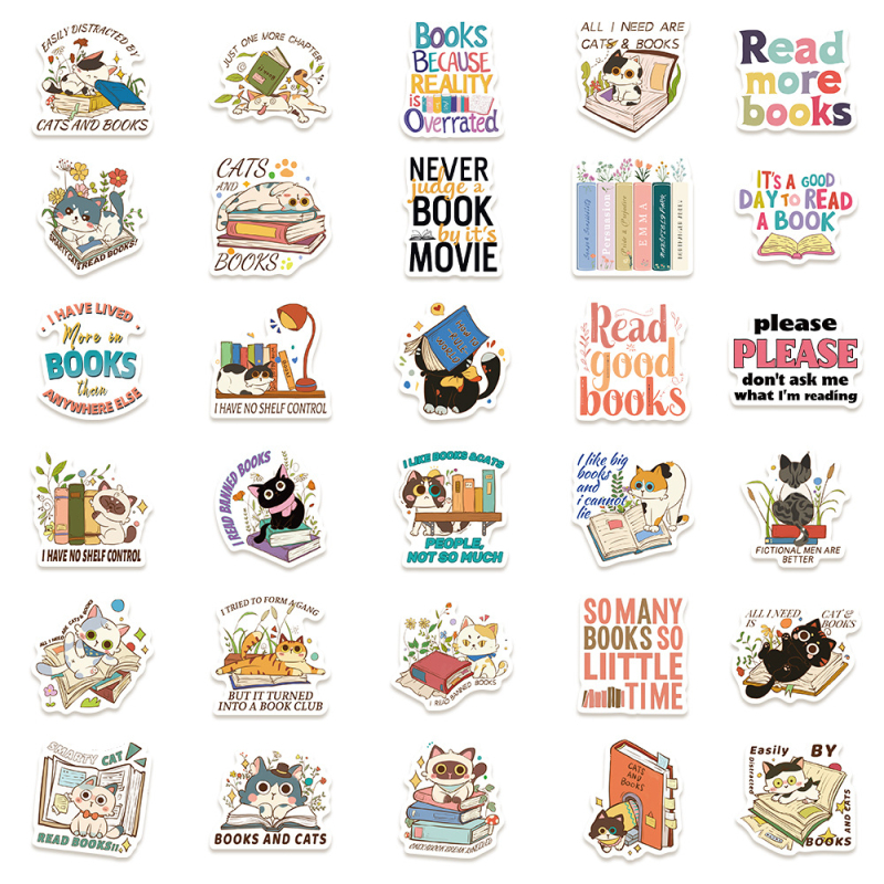 Set od 60 naljepnica s crtanim mačkama i čitanjem – vodootporne DIY naljepnice za gitaru, prijenosno računalo i prtljagu