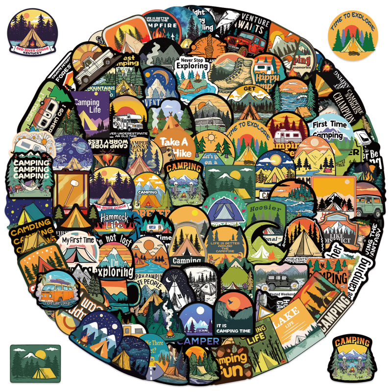 Dekorativne naljepnice: 100 retro karikatura u kamping stilu za gitare, bilježnice i koferе (Brand: Yihe; Samoljepljive: Da; Stil: Slatko; Ispis)