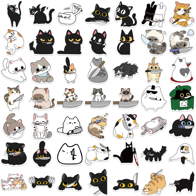 Set naljepnica: 50 karikatura mačaka graffiti naljepnica za ukrašavanje gitare, bilježnice i kovčega; samoljepljive; marka Shi Le; sladak stil; tisak