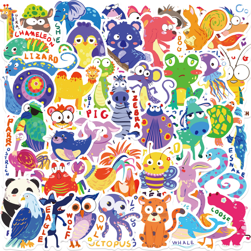 Set naljepnica s crtić životinjama u graffiti stilu – 50 komada, vodootporne, tiskane, za gitaru, bilježnicu i kofer
