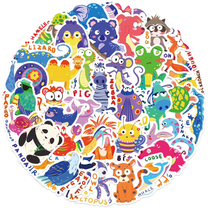 Set naljepnica s crtić životinjama u graffiti stilu – 50 komada, vodootporne, tiskane, za gitaru, bilježnicu i kofer