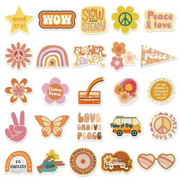 Set naljepnica za prtljagu, laptop i gitaru – samoljepljive, ispisane, Groovy Boho Hippie stil, 50 kom.