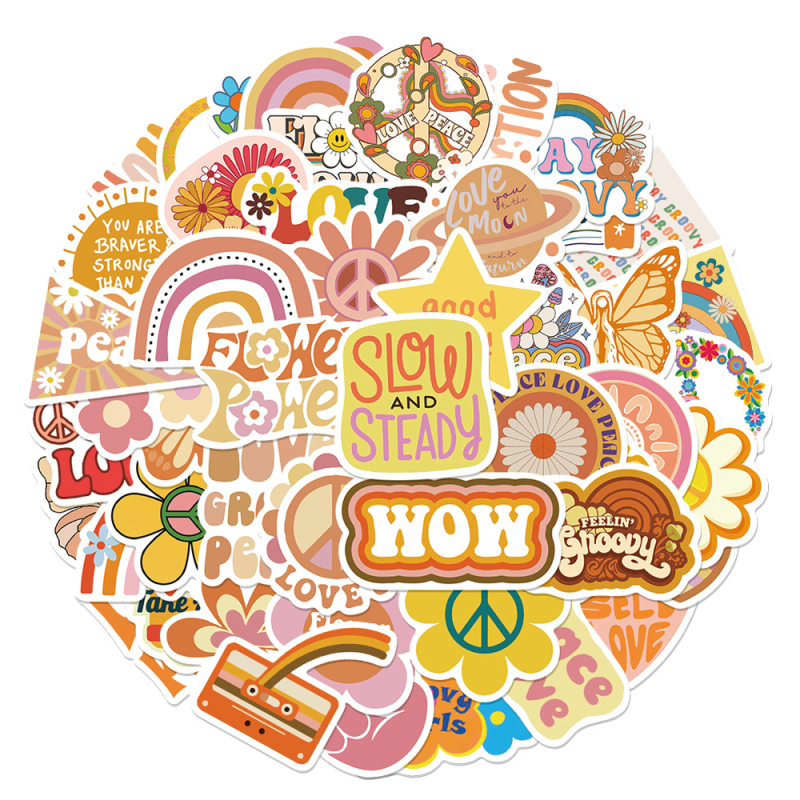 Set naljepnica za prtljagu, laptop i gitaru – samoljepljive, ispisane, Groovy Boho Hippie stil, 50 kom.