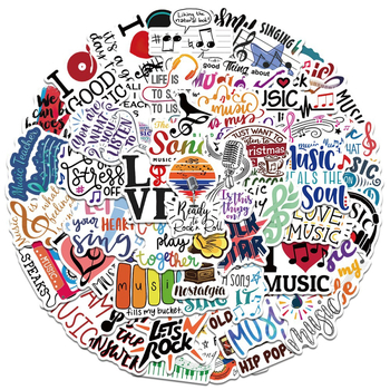 Стикер комплект: I LOVE MUSIC графити, самозалепващи стикери; 50 бр.; за багаж, бележник, телефон и китара; водоустойчиви; модел JXZ-DD172; мотив графити музика