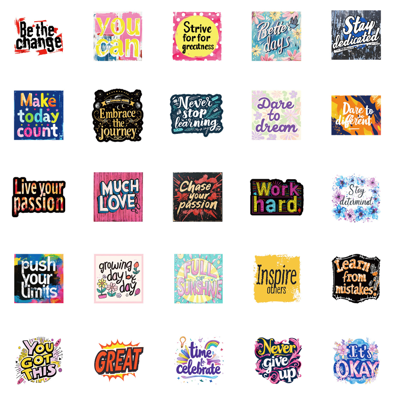 PP naljepnice s 50 inspirativnih fraza za šalice, kufre, gitare i računala – offset tisak, bez logotipa