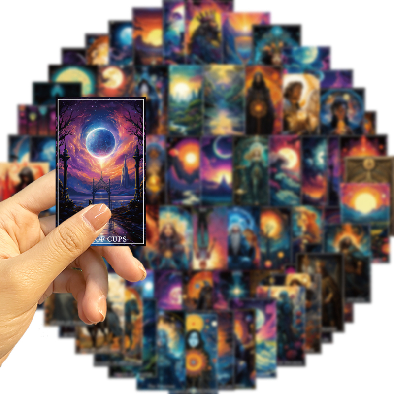 50 Tarot kártya graffiti matrica gitárhoz, jegyzetfüzethez és bőröndhöz – vízálló, nyomtatási kivitel, aranyos stílus