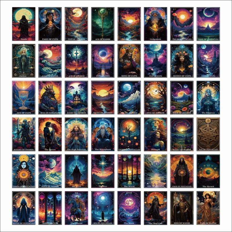 50 Tarot kártya graffiti matrica gitárhoz, jegyzetfüzethez és bőröndhöz – vízálló, nyomtatási kivitel, aranyos stílus