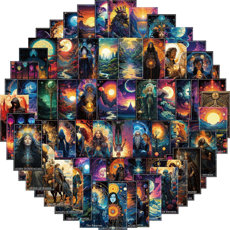 50 Tarot kártya graffiti matrica gitárhoz, jegyzetfüzethez és bőröndhöz – vízálló, nyomtatási kivitel, aranyos stílus