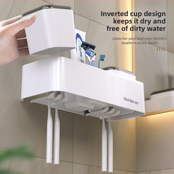 Fogkefetartó és szájöblítő pohár – műanyag fürdőszobai szett, fúrás nélküli rögzítés, logó nyomásának lehetősége, 60 készlet + 200 pohár