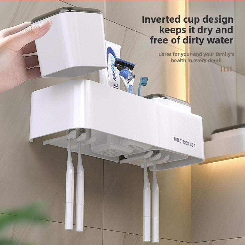 Fogkefetartó és szájöblítő pohár – műanyag fürdőszobai szett, fúrás nélküli rögzítés, logó nyomásának lehetősége, 60 készlet + 200 pohár