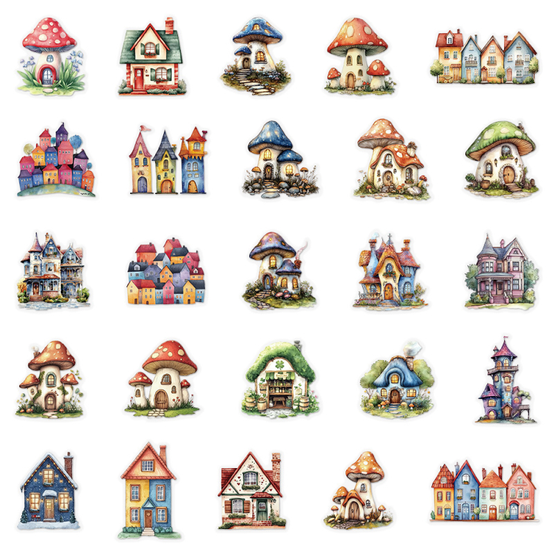 Skup naljepnica: 50 bajkovitih kućica i crtanih kabina za dnevnik, kofer, skateboard i gitaru — retro stil, tisak, brenda Start, SLP118, samoljepljive naljepnice