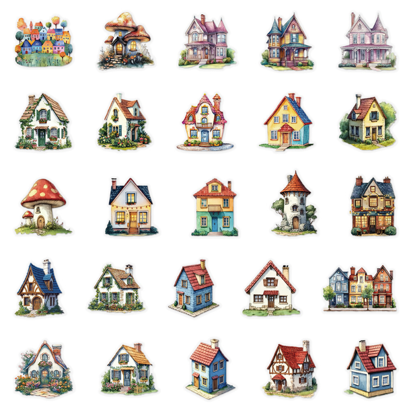 Skup naljepnica: 50 bajkovitih kućica i crtanih kabina za dnevnik, kofer, skateboard i gitaru — retro stil, tisak, brenda Start, SLP118, samoljepljive naljepnice
