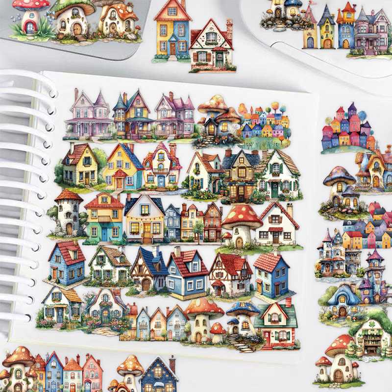 Skup naljepnica: 50 bajkovitih kućica i crtanih kabina za dnevnik, kofer, skateboard i gitaru — retro stil, tisak, brenda Start, SLP118, samoljepljive naljepnice