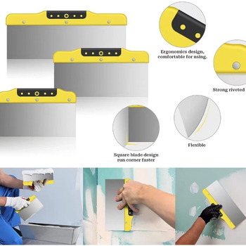 Rozsdamentes acél glettvas kettőszínű műanyag nyéllel gletteléshez és falak tisztításához — Márka: Prester; Eredet: Yongkang