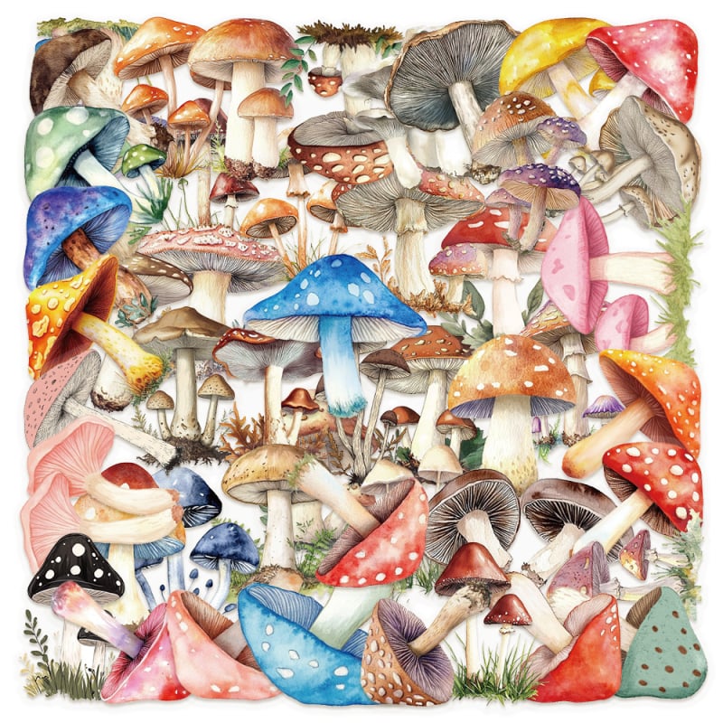 Naljepnice s gljivama, 50 komada, PET materijal, za bilježnice, prijenosna računala, prtljagu, stolna računala i gitare, tiskano izdanje