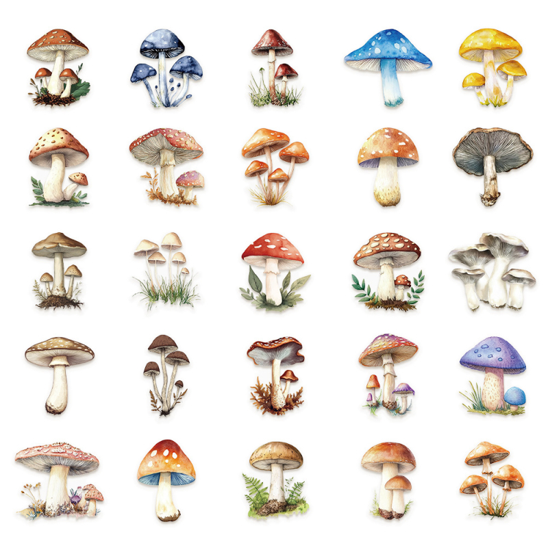 Naljepnice s gljivama, 50 komada, PET materijal, za bilježnice, prijenosna računala, prtljagu, stolna računala i gitare, tiskano izdanje
