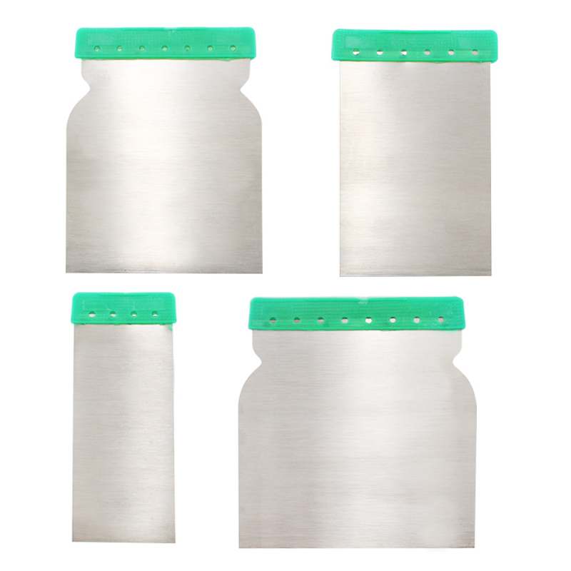 Egyéni négy darabos glettelő késkészlet építéshez – pengék: műanyag / szénacél / rozsdamentes acél; nyél: acél; sorozat Jr5011; alkalmazás: épületdekoráció