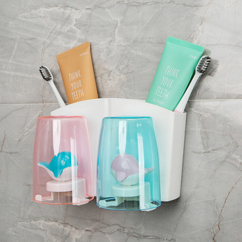 Suport din plastic pentru periuțe de dinți, montaj pe perete cu ventuză, cu pahar de clătire și logo