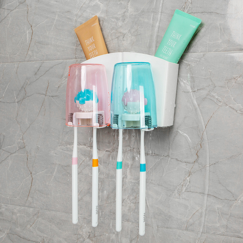 Suport din plastic pentru periuțe de dinți, montaj pe perete cu ventuză, cu pahar de clătire și logo