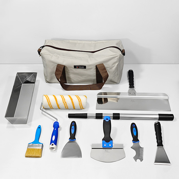 Nerezani set zidarskih alata: lopatica za mort, kutija za cement, podni škrabac, valjak za bojenje