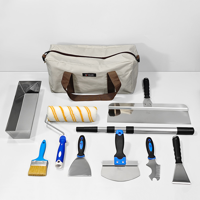 Nerezani set zidarskih alata: lopatica za mort, kutija za cement, podni škrabac, valjak za bojenje