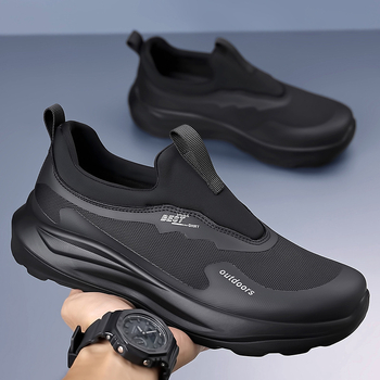 Muške tenisice slip-on za svakodnevnu upotrebu i planinarenje — niski gornji dio, tehnički tkanina s offset otiskom, EVA uložak, prozračna mreža, PU đon, visina pete 3–5 cm