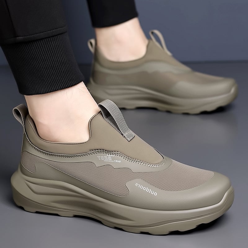 Muške tenisice slip-on za svakodnevnu upotrebu i planinarenje — niski gornji dio, tehnički tkanina s offset otiskom, EVA uložak, prozračna mreža, PU đon, visina pete 3–5 cm