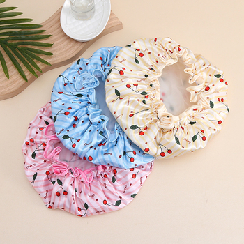 Dvostruka tuš kapa s tiskom trešnje za žene, vodootporna za kupaonicu, modernog stila (Materijal: satin PEVA; Primjenjiva skupina: odrasli; Stil: moderan; Otisnuti logo: Da; Prilagodljivost: Da)