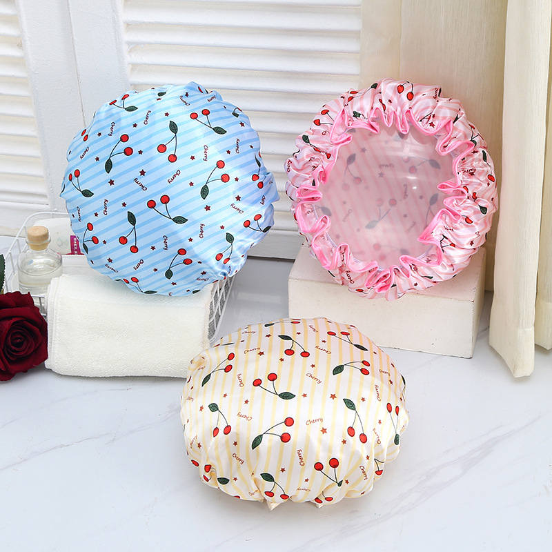 Dvostruka tuš kapa s tiskom trešnje za žene, vodootporna za kupaonicu, modernog stila (Materijal: satin PEVA; Primjenjiva skupina: odrasli; Stil: moderan; Otisnuti logo: Da; Prilagodljivost: Da)