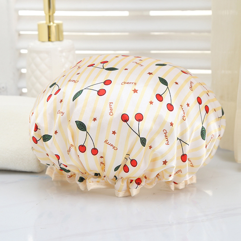 Dvostruka tuš kapa s tiskom trešnje za žene, vodootporna za kupaonicu, modernog stila (Materijal: satin PEVA; Primjenjiva skupina: odrasli; Stil: moderan; Otisnuti logo: Da; Prilagodljivost: Da)