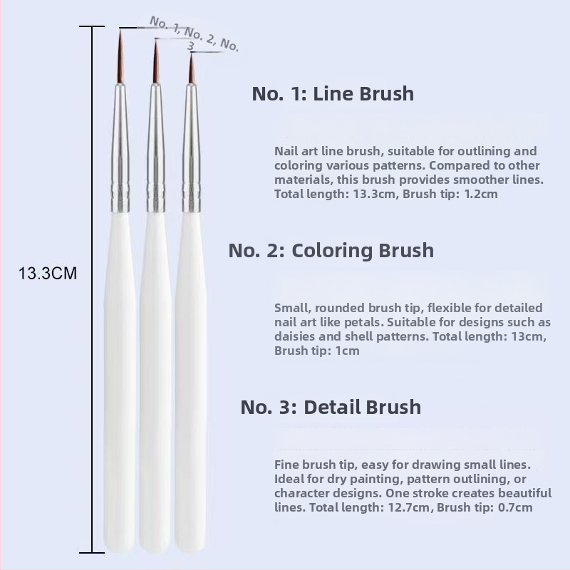 Set pensule unghii pictură japoneze, 3 bucăți, mâner lung din plastic, pentru desen și pictură, cod produs 37