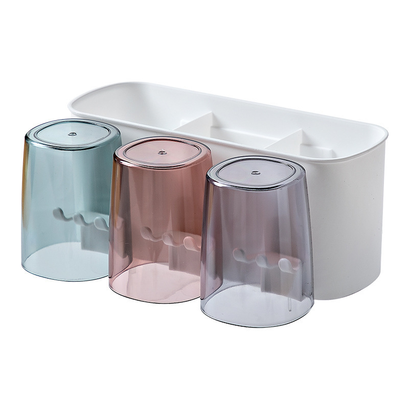 Fúrás nélküli fogkefetartó - műanyag, fürdőszobai rendező fogkefékhez, fogkrém és pohár készlet