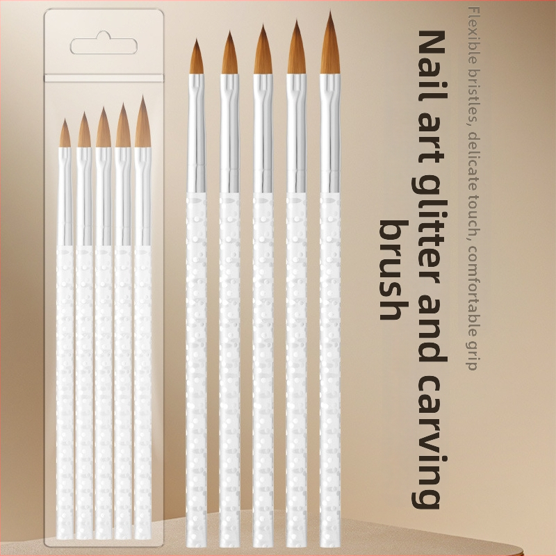 Sada štetcov na nechty: 5 kusov, kryštálové pero, gravírované štetce na kreslenie a rozmazávanie, prenosné plastové držadlo