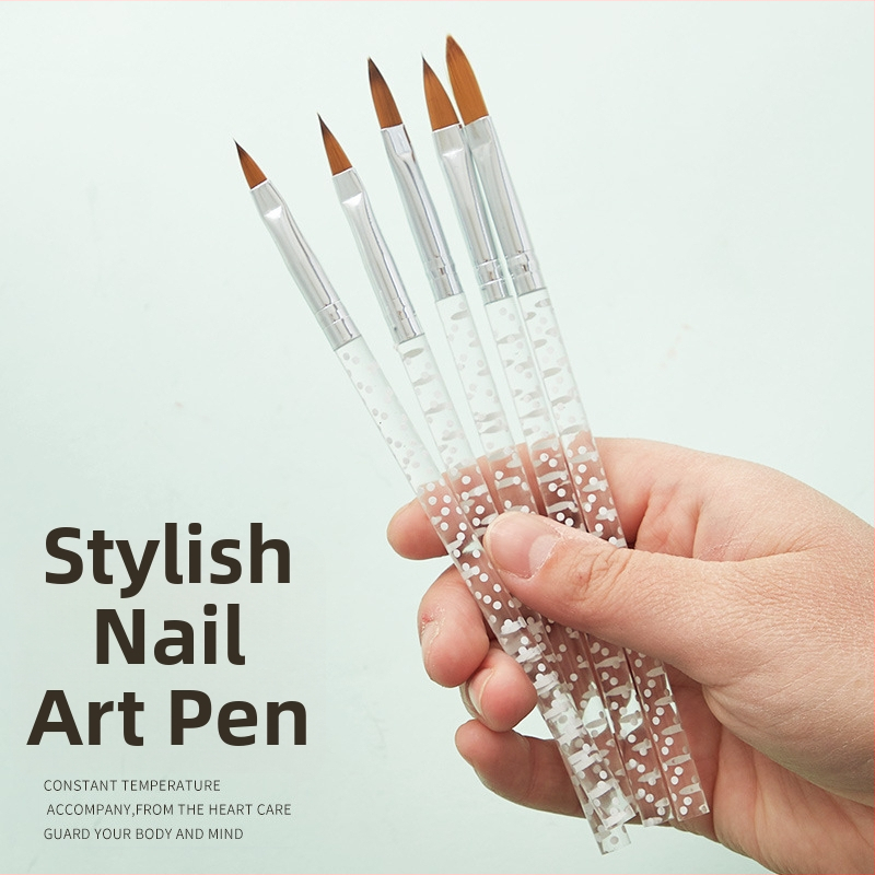 Sada štetcov na nechty: 5 kusov, kryštálové pero, gravírované štetce na kreslenie a rozmazávanie, prenosné plastové držadlo