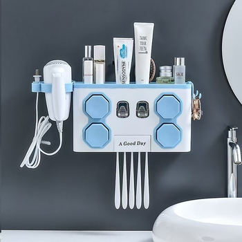 Fali fogkefetartó lyukasztás nélkül, automata fogkrémnyomóval; műanyagból; beépített rögzítés; nyomtatott logó.