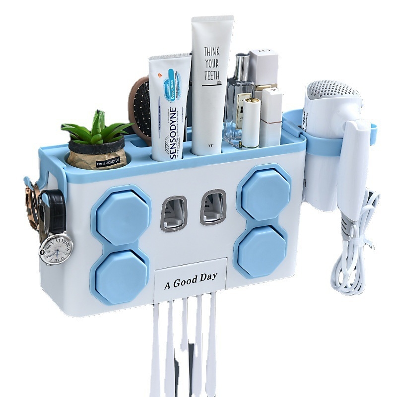 Fali fogkefetartó lyukasztás nélkül, automata fogkrémnyomóval; műanyagból; beépített rögzítés; nyomtatott logó.