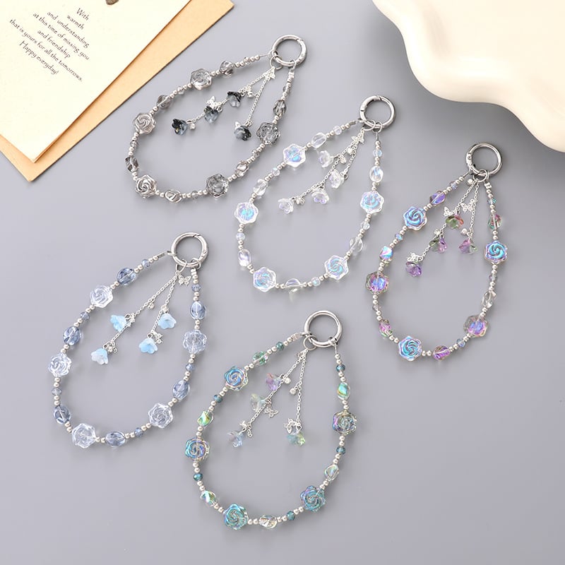 Breloc auto cu mărgele de cristal, pandantiv în formă de trandafir, lucrat manual