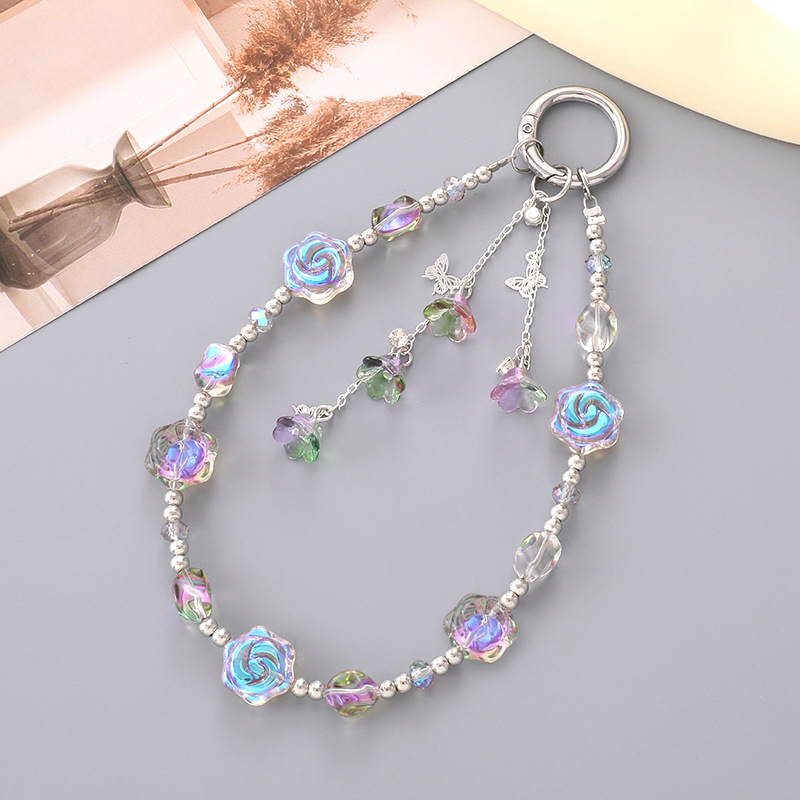 Breloc auto cu mărgele de cristal, pandantiv în formă de trandafir, lucrat manual