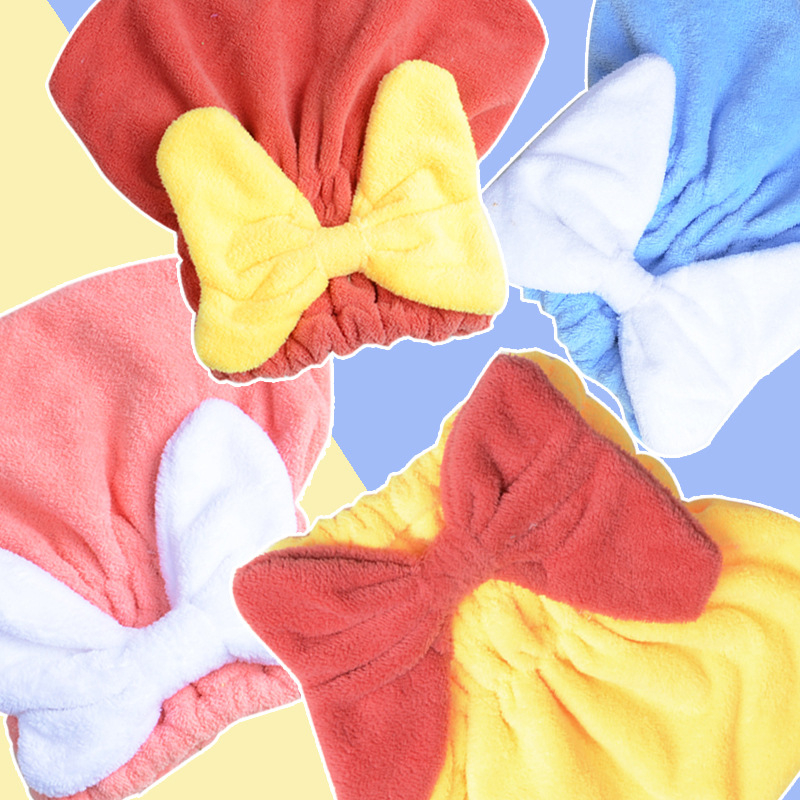 Șapcă de uscare a părului din fleece coral, model cu fundă, trage peste cap, foarte absorbantă și uscare rapidă pentru femei (Material: fleece coral; Fire: 21 fire; Finisaj: tiv; Greutate: 50–79 g)