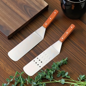 Spatulă Teppanyaki din oțel inoxidabil cu mâner din lemn — oțel inoxidabil 420; anti-alunecare, rezistentă la temperaturi înalte, protecție împotriva arsurilor; potrivită pentru teppanyaki și burger